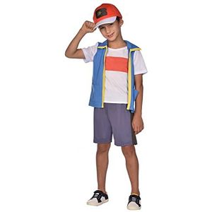 Amscan - Kinderkostuum Ash van Pokémon, bovenstuk, korte broek, basecap, themafeest, carnaval, blauw 104