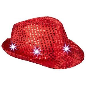 Relaxdays pailletten hoed, 6 knipperende LEDs, one size, feesthoed glitter, carnaval, partyhoed, fedora hoed, rood