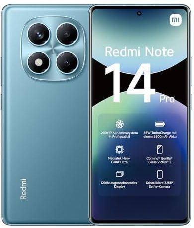 Xiaomi Redmi Note 14 Pro smartphone, 8+256GB, blue, 200MP pro-grade AI camera, 5500mAh batterij, 32MP selfie camera, AI features (oplader niet inclusief)