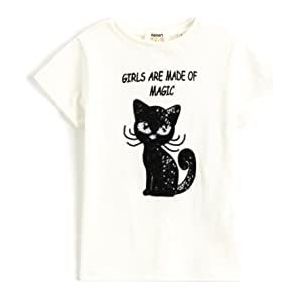 Koton T-shirt met korte mouwen voor meisjes, ronde hals, kat, pailletten, ecru(002), 5-6 Jaar