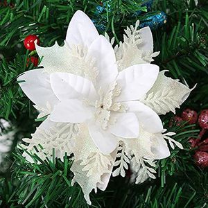 GL-Turelfies 12 stuks glitter kerstbloemen (15 cm/5,9 inch) met 12 stuks clips kunstmatige kerststerren bloemen kerstboomversieringen kerstboom ornamenten (wit)