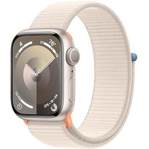 Apple Watch Series 9 (GPS 41 mm) Smartwatch - Kast van sterrenlicht aluminium - Sterrenlicht geweven sportbandje. Conditie bijhouden, Saturatie-app en Ecg-app, Always-on Retina-display, CO�₂- neutraal