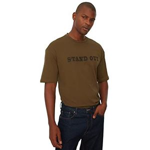 Trendyol Khaki T-shirt voor heren, ontspannen pasvorm, 100% katoen, ronde halsband, bedrukt T-shirt, medium