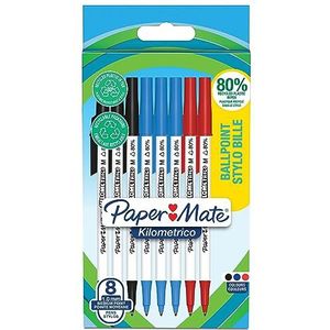 Paper Mate Kilometrico-balpennen | Lange schrijfduur met mediumpunt (1,0mm) | Zwarte, blauwe & rode inkt | 80% gerecycled plastic | 8 stuks