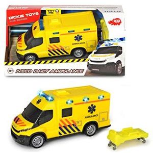 Dickie Toys - SOS Nederlandse Ambulance Iveco, 1-32, speelgoedauto met vrijloop, licht en geluid, 18 cm, vanaf 3 jaar