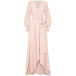 Swing Fashion Lange damesjurk, elegante jurk, feestelijke jurk, feestjurk, avondjurk, bruiloftsjurk, baljurk, maxi-jurk, lange mouwen, beige, 34 (XS), beige, XS