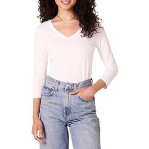 Amazon Essentials Women's T-shirt met driekwartmouwen en V-hals in klassieke pasvorm (verkrijgbaar in grote maten), Wit, XS
