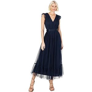 Anaya with Love Maxi-jurk voor dames, V-hals, mouwloos, ruches, voor bruiloft, gast, bruidsmeisje, gala, lange hoge empire-taille, gelaagd, Donkerblauw, 38