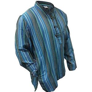 Multi Color Mix Dharke Strepen Lichtgewicht Comfortabele Lange Mouwen Traditionele Opa Shirt, Hippie Boho, Turkoois, 3XL