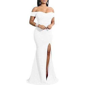 YMDUCH Women's Off Shoulder High Split Long Formal Party Dress Evening Gown White