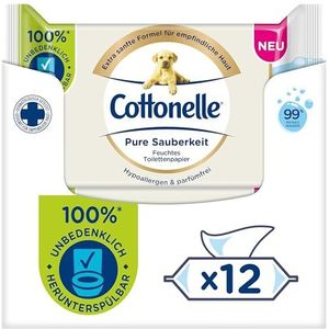 Cottonelle Vochtig toiletpapier pure reinheid, ultra-gevoelig, 99% water, 12 x 38 doekjes, parfumvrij en hypoallergeen