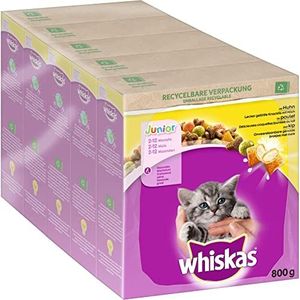 Whiskas Junior Droogvoer Kip, 5x800g (5 pakjes) - Droogvoer voor opgroeiende katten - Extra kleine brokjes voor kittens (2-12 maanden) - Verschillende productverpakkingen verkrijgbaar