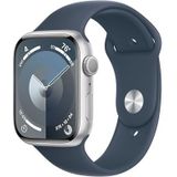 Apple Watch Series 9 (GPS 45 mm) Smartwatch - Kast van zilverkleurig aluminium - Stormblauw sportbandje S/M. Conditie bijhouden, Saturatie-app en Ecg-app, Always-on Retina-display, waterbestendig