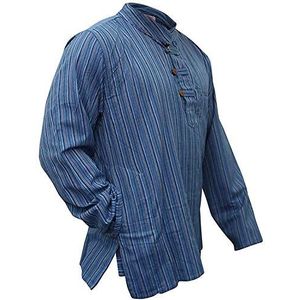 Multi Color Mix Dharke Strepen Lichtgewicht Comfortabele Lange Mouwen Traditionele Opa Shirt, Hippie Boho, Blauw, 3XL