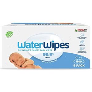 WaterWipes Original plasticvrije babydoekjes 540 stuks (9 verpakkingen), voor 99,9% op water gebaseerd & ongeparfumeerd voor de gevoelige huid