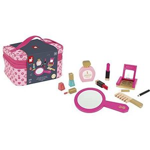 Janod - P'tite Miss Vanity Case for Children - 9 Solid Wood Accessories Included - Pretend Play Toy Beauty and Cosmetic, J06514, Pink