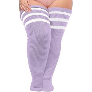 Moon Wood Vrouwen Plus Size Dij Hoge Sokken Extra Lange Gestreepte Dikke Over De Knie Sokken Been Warmer Boot Kousen One size Lichtpaars & Wit