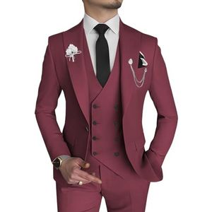 Herenpak, 2 stuks, slimfit, blazer en broek, bruiloft, bruidegom, smoking, peak, revers, formele balpakken, wijnrood, M