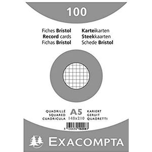 Exacompta 10208E indexkaarten (verpakking van 100, 250 g, in folie gelast, DIN A5, 14,8 x 21 cm, geruit, ideaal voor school), 1 stuk, wit