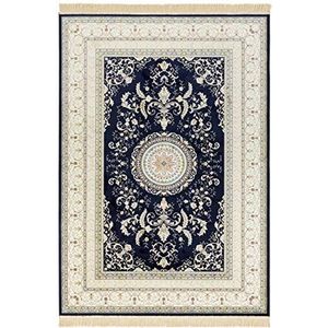 Nouristan Naveh Orient tapijt, woonkamertapijt, oosters laagpolig met franjes, vintage, oosters fluwelen tapijt voor eetkamer, woonkamer, slaapkamer, donkerblauw, 135 x 195 cm