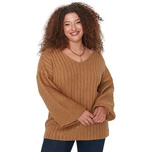 Trendyol Vrouwen V-hals Plain Relaxed Plus Size Sweater Sweater, Mink Color, 3XL, nertskleur, 3XL