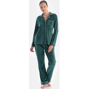 Dagi Women's Petrol Green Velvet Shirt Broek Pyjama Set, L, Petrolgroen, L