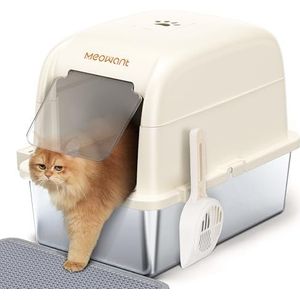 MeoWant Kattenbak van roestvrij staal met deksel, kattenbak met vooringang, extra grote metalen kattenbak met kattenbakvulling en zak en mat, wit