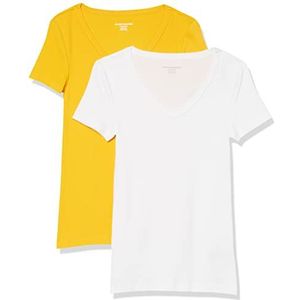 Amazon Essentials Women's T-shirt met korte mouwen en V-hals in slanke pasvorm, Pack of 2, Wit/Goudgeel, L