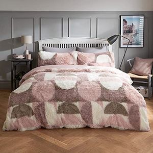 Sleepdown Gebogen Geo Shaggy Faux Fur Fleece Thermisch Warm Cosy Super Zachte Dekbedovertrek Quilt Beddengoed Set met Kussenslopen - Dubbel (200cm x 200cm) - Blush Pink