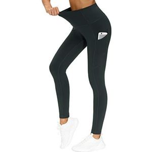 THE GYM PEOPLE Dikke yoga broek met hoge taille met zakken, buikcontrole workout hardlopen yoga legging voor dames, houtskoolgrijs, XL