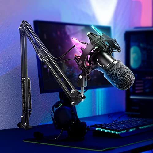 FIFINE K651 USB Gaming Microfoon, Dynamisch voor pc PS4 PS5, Nierkarakteristiek met Statief, Mute-Knop, Shock Mount met 8 RGB Verlichtingsmodi