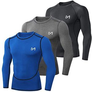 MEETYOO Compressieshirt voor heren, functioneel shirt met lange mouwen, fitnessshirt voor mannen, sportshirt, ademend, loopshirt voor hardlopen, joggen, sport en gymzaal, zwart, blauw en grijs, M