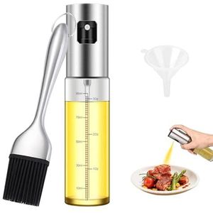 HIYAA Oliesproeier, 100 ml oliesproeier voor spijsolie, transparante glazen oliesprayer, spuitfles met roestvrij stalen borstel en kleine trechter voor koken, barbecue, heteluchtfriteuse, salade