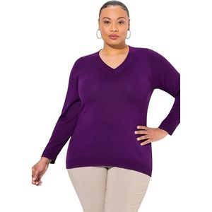Ulla Popken Damestrui, grote maten, plus size, V-hals, lange mouwen, zacht fijn gebreid, donkerviolet, 58/60 NL