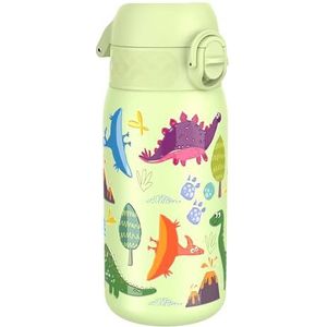 ION8 Roestvrijstalen Kinderwaterfles, 400 ml/13 oz, Lekvrij, Makkelijk te Openen, Veilige Vergrendeling, Vaatwasserbestendig, Flipdop, Draaggreep, Duurzaam, Metalen Drinkfles, Dinosaurussen Design