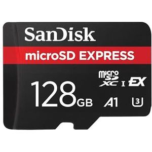 SanDisk Micro SD Express, 128GB micro SD-kaart, leessnelheden tot 880 MB/s, Schrijfsnelheid tot 480MB/s, Tot 4,4 keer hogere leessnelheden dan bij onze snelste microSD UHS-I-kaarten, Class 10, U3