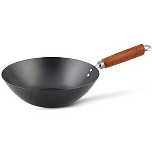 Ken Hom KH327001 Koolstofstaal Niet Plakken Wok, 27cm, Classic, Niet-Inductie/Houten Handvat/Pan Met Platte Bodem, Niet Vaatwasmachinebestendig, 2 Jaar Garantie