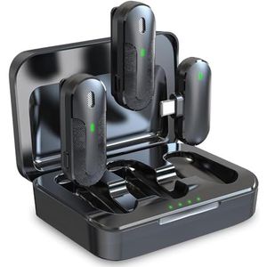 Technaxx Dual draadloze mini-microfoonset TX-301 – 2 draadloze lavalier-microfoons met intelligente ruisonderdrukking, USB-C-ontvanger, oplaadetui, clip – ideaal voor podcasting en opnames