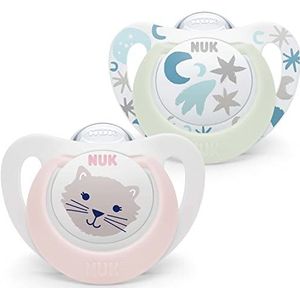 NUK Star Night & Day fopspeen voor baby's | 0-6 maanden | Lütscher in het donker | Silicone vrij BPA | Roze kat | 2 stuks