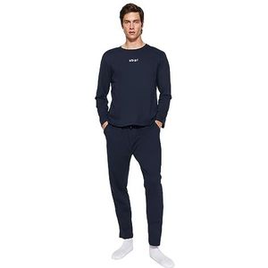 Trendyol Heren Man Motto gebreide T-broek pyjamaset, marineblauw, XL, Donkerblauw, XL