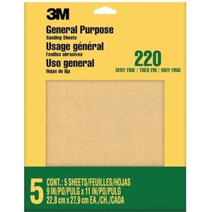 3M Schuurpapier, korrel 220, 5 vellen, 9"" x 11"", zandverf, hout en metaal, geweldig voor algemeen gebruik, zeer fijn aluminiumoxide zandpapier (9000NA-20)