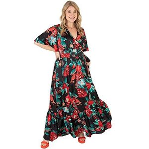 Lovedrobe Maxi-jurk voor dames, voor dames, V-hals, faux wrap, korte mouwen, flutter tropische ruches met zakken voor de zomer, Zwart, 50