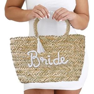 Ginger Ray Geweven rotan tas met touw 'bruid' versiering en witte kwastjes voor vrijgezellenfeesten of huwelijksreis, bruin