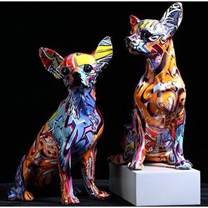 orenm Kleurrijke Chihuahua Standbeeld Creatieve Graffiti Kunst Multicolor Hond Beeldje Hars Home Decor Splash Verf Dier Sculptuur Moderne Home Decor Bureau Decoratie