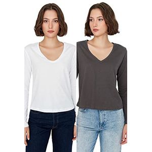 Trendyol Dames Dames Basic Regular Standaard V-hals Gebreid T-shirt, Antraciet-Wit, XL, antraciet-wit, XL