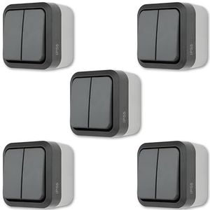 REV – 5 x serieschakelaar AquaStorm spaarset – lichtschakelaar voor vochtige ruimtes, IP55, eenpolig, opbouw, 230 V, 10 A, antraciet