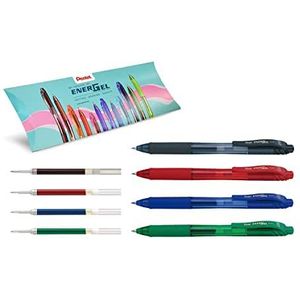 PENTEL - Schoolmateriaal, 4 gelpennen voor zacht schrijven in verschillende kleuren (blauw, zwart, groen en rood) + energel-navullingen, schoolverpakking