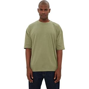 Trendyol Heren Heren Basic oversized basic geweven T-shirt met ronde hals (1-pak), Kaki, L