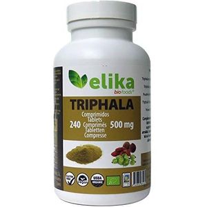 BIO Triphala ElikafoodsÂ® ORGANIC. 240 tabletten van 500 mg. Reinigt en ontgift de dikke darm. Tegen constipatie. Natuurlijk, biologisch, veganistisch en glutenvrij. Gemakkelijk in te nemen. Uit de Himalaya.