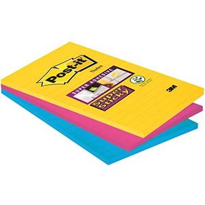 Post-it Super Sticky Notes, Carnival Collection, gelinieerd, 101 mm x 152 mm, 3 blokken à 90 vellen tegen een voordeelprijs